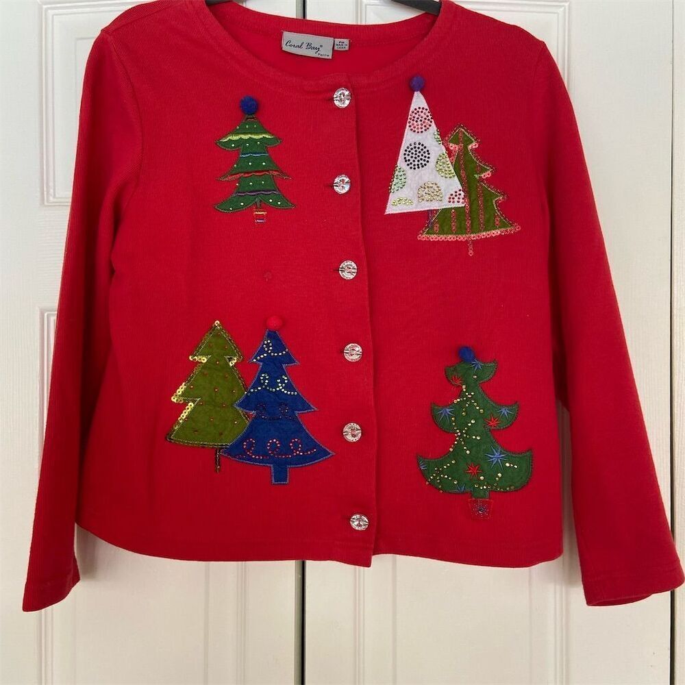 Coral Bay Vintage Christmas Cardigan Red Knit Sequin Embellished M Petite
